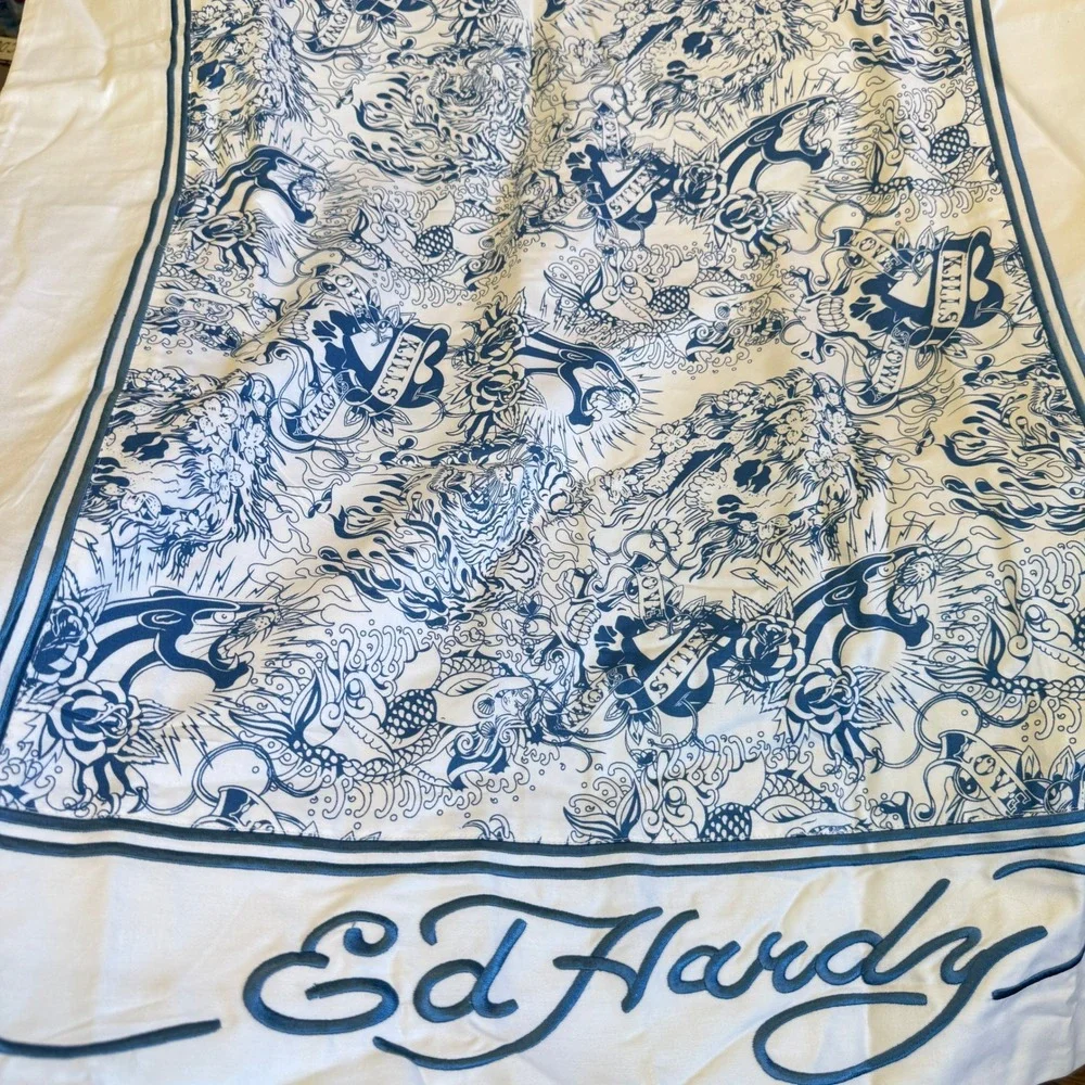 Ed Hardy Christian Audigier Tattoo Print Duvet Bedding Set White Blue Tiger Y2K